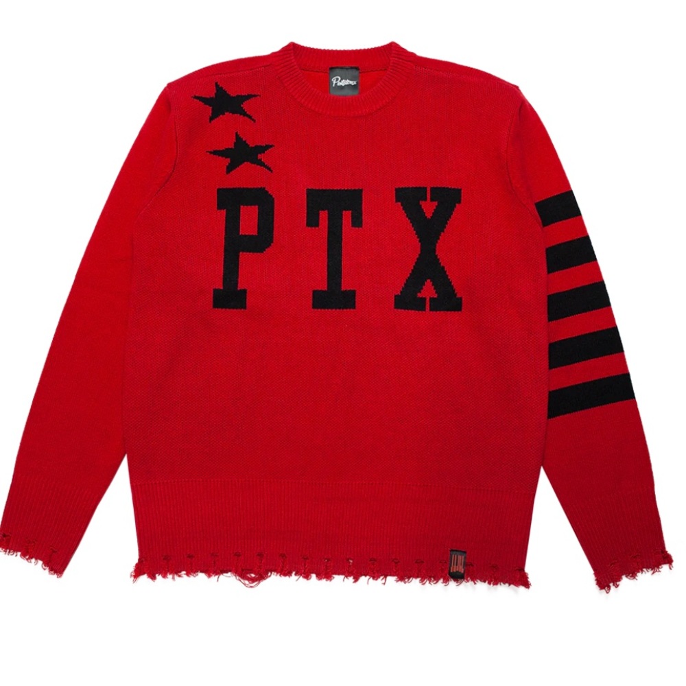 Pentatonix Red & Black Distressed Spell‎ out Sweater. Size Large.